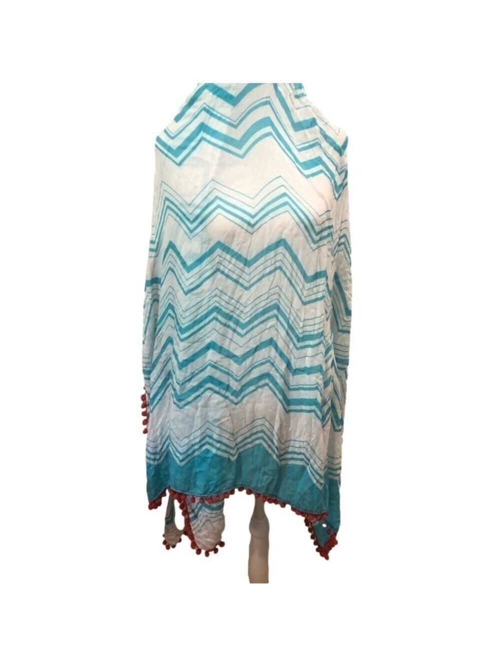 SCARF/WRAP. Aqua chevron. Red Pom poms. Large. Swimsuit cover sarong. 68”x44”
